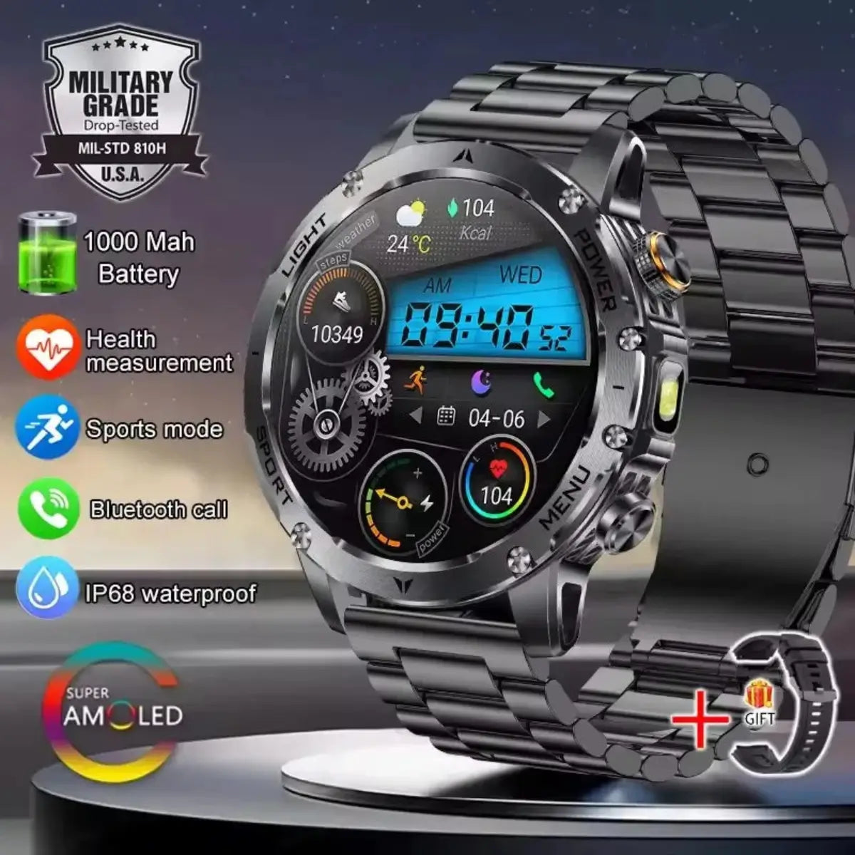 T-Rex 3 military-grade smartwatch with 950mAh battery, Bluetooth calls, AMOLED display, and 170+ sports modes for adventures.