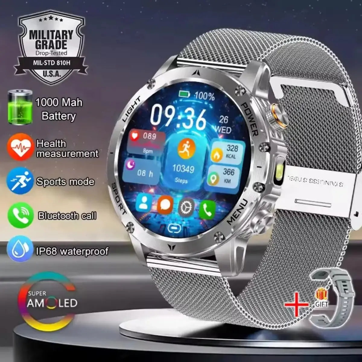  T-Rex 3 military smartwatch shown in silver finish with metal strap, durable design for tactical and everyday use.