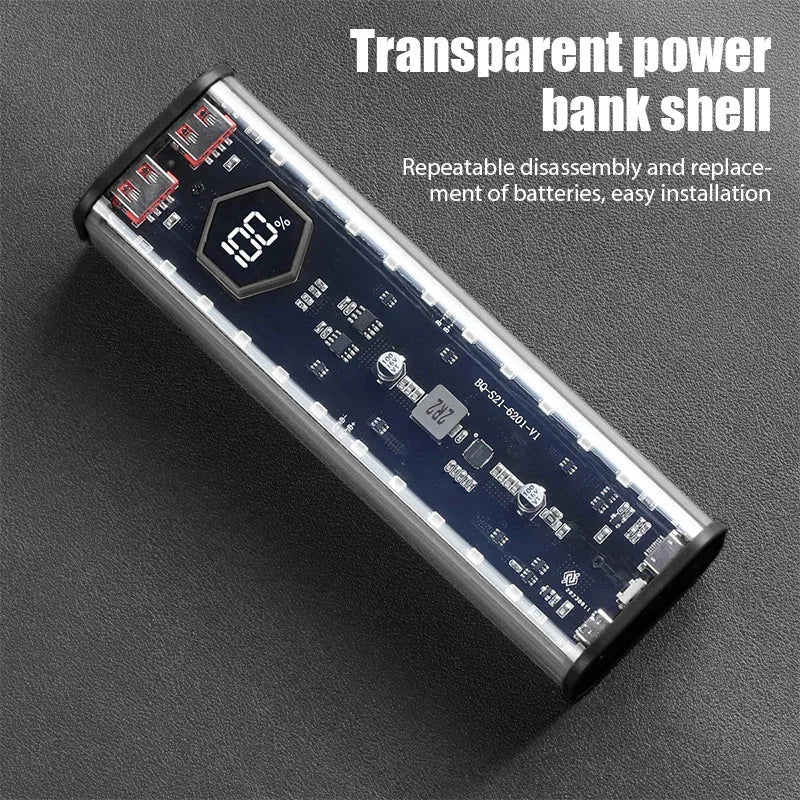 Transparent 4-port 22.5W fast-charging DIY power bank case with LED light showing internal circuitry