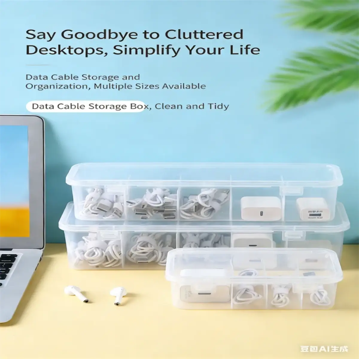 Transparent cable storage boxes neatly holding cords and tech accessories on a clean desk to simplify daily life.