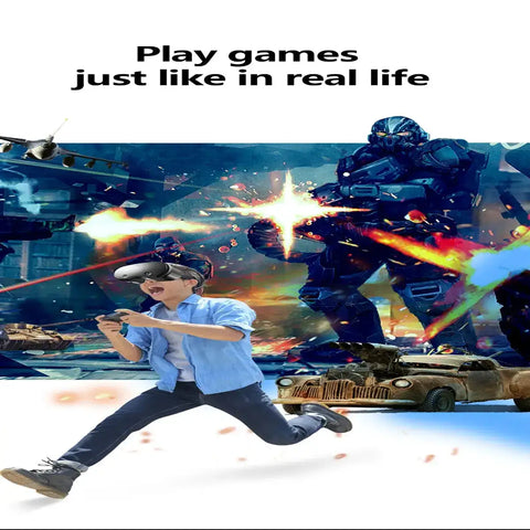 Woman playing VR games at home, fully immersed in a realistic 3D virtual reality entertainment experience.