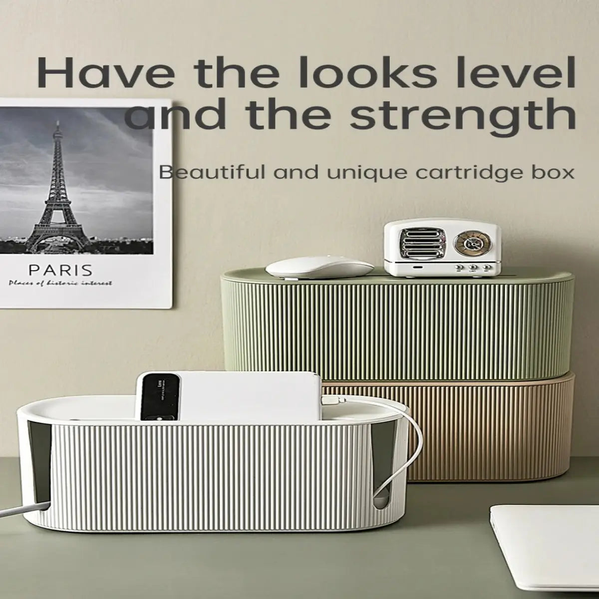 Two-tone WiFi router box doubling as a minimalist cable management shelf in a Nordic-style room with Paris decor.