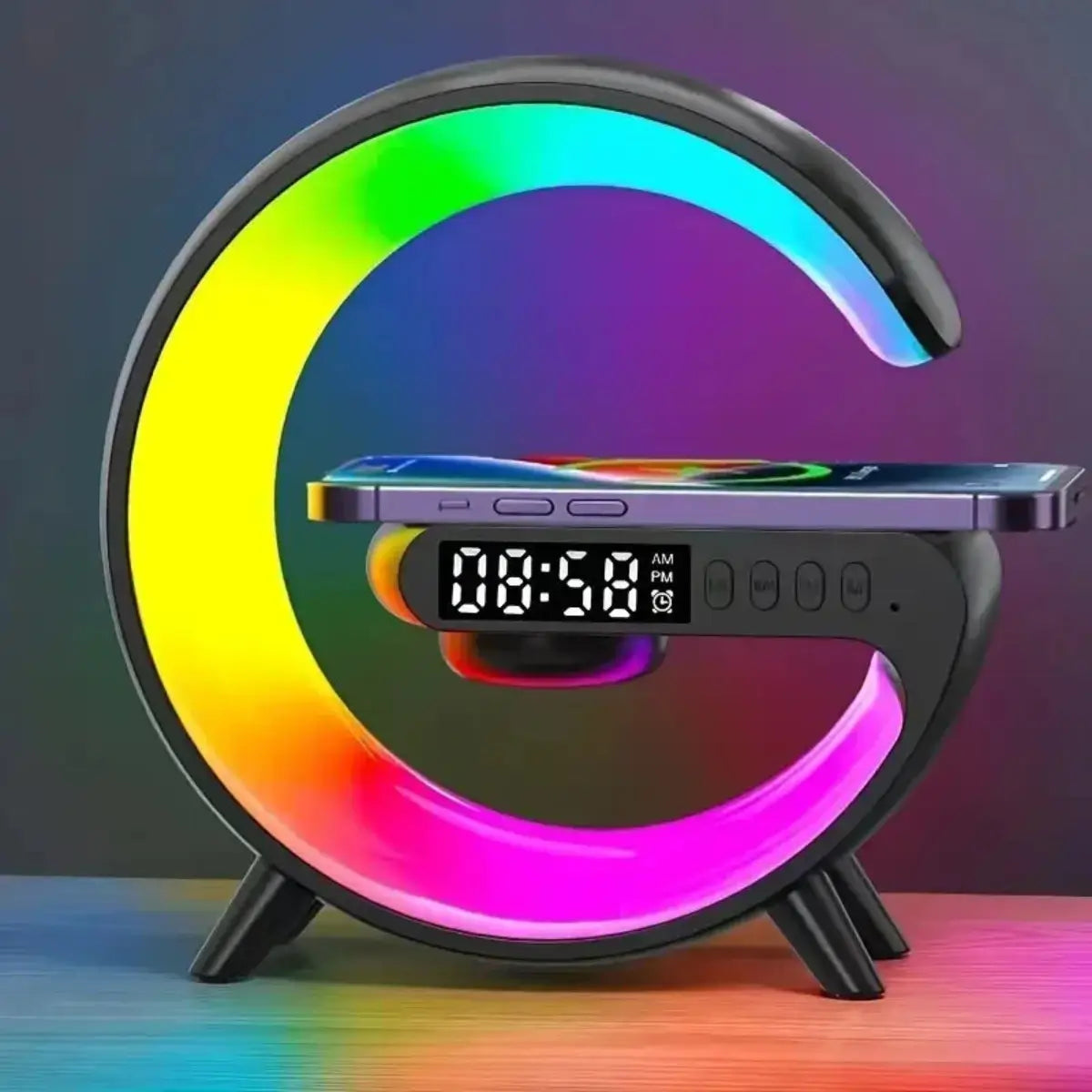 Wireless charger dock displaying a digital alarm clock and customizable RGB mood lighting for a modern bedside routine.