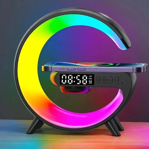 Wireless charger dock displaying a digital alarm clock and customizable RGB mood lighting for a modern bedside routine.