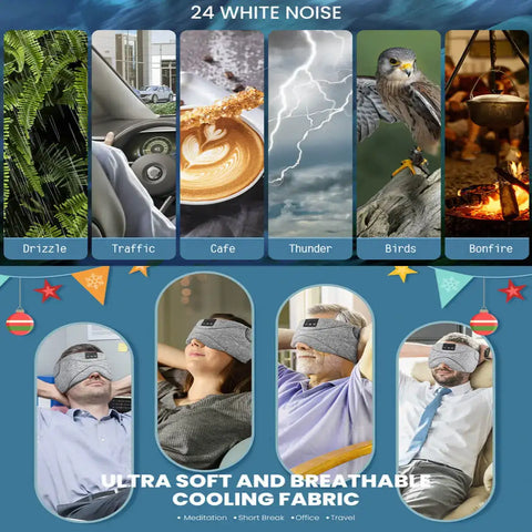 Infographic demonstrating the ultra-thin wireless speakers built into the padded band for deep sleep and travel.