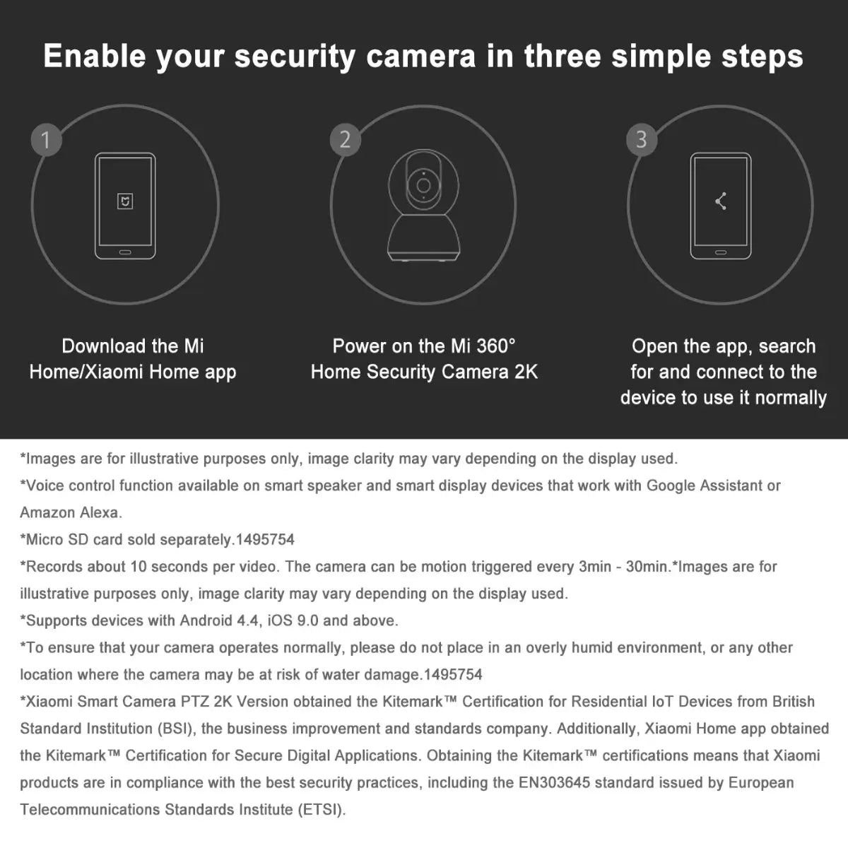 Xiaomi Mi smart camera setup showing three simple steps to enable home monitoring via the Mi Home app.