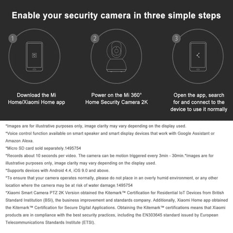 Xiaomi Mi smart camera setup showing three simple steps to enable home monitoring via the Mi Home app.